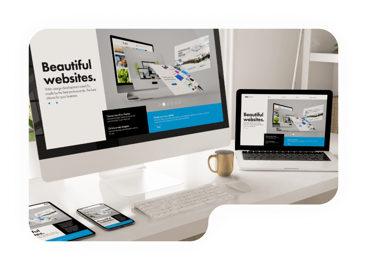 Responsive website mockups across desktop, laptop, and mobile screens